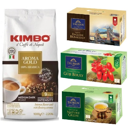 Кофе зерно и 3 вида чая